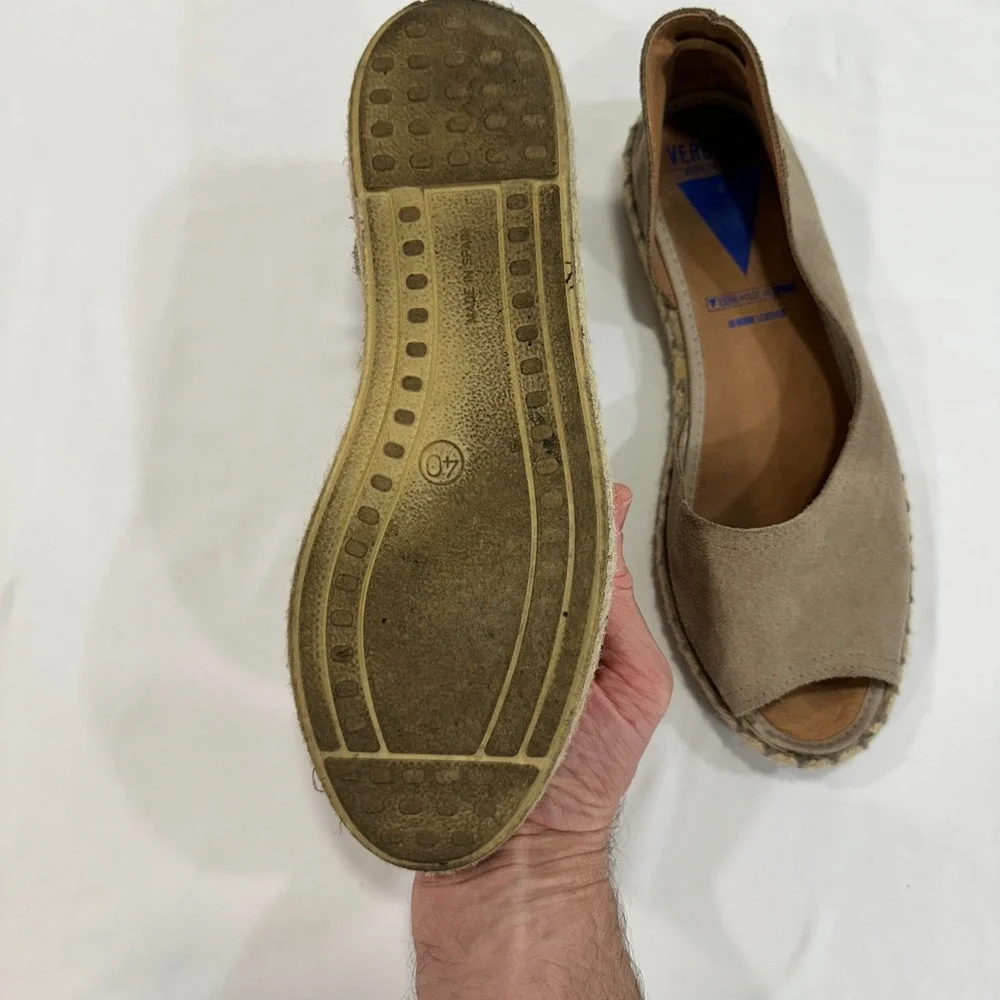 Verbenas Cruz Espadrille Flats Women Size 40 Taupe Suede Peep Toe | Coastal Boho